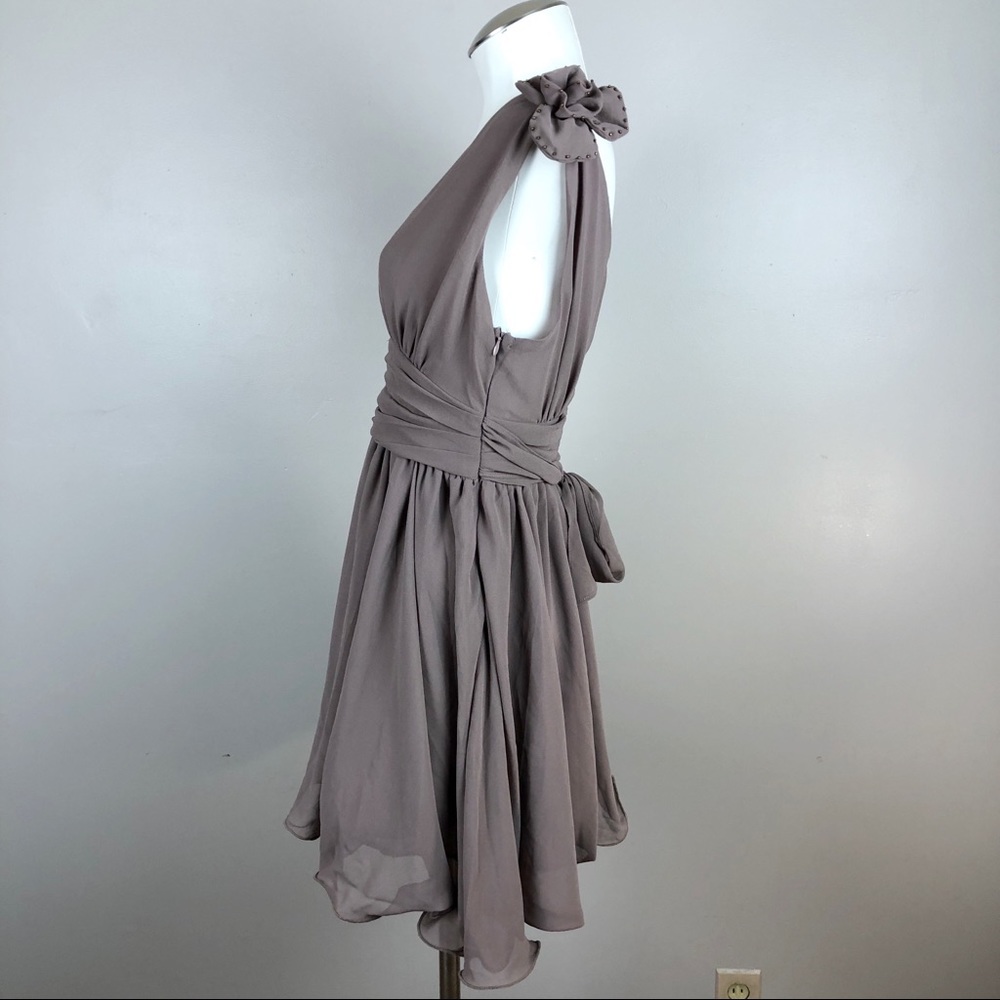 Kali Taupe Dress with Beaded Shoulder Rosettes - Picture 2 of 6